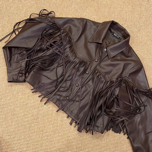 NWOT Nasty Gal Faux Leather Western Fringed Cropped Jacket, Brown - Picture 10 of 10